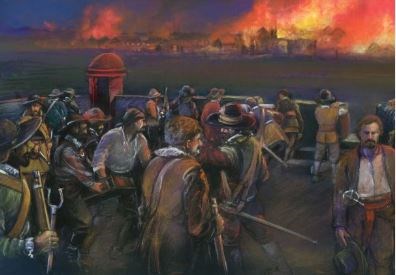Illustration depicting the town burning as imagined from gun deck of fort.