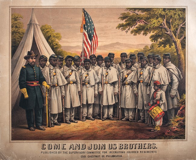 A recruiting poster during the Civil War. The illustration shows African American Union troops and a white officer standing near the U.S. flag.