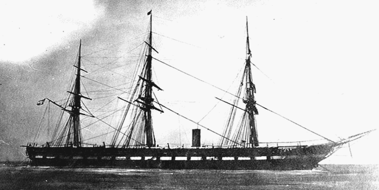 A black & white photo of the USS Wabash, a sailing and steam ship with three masts and a large smokestack amidships.