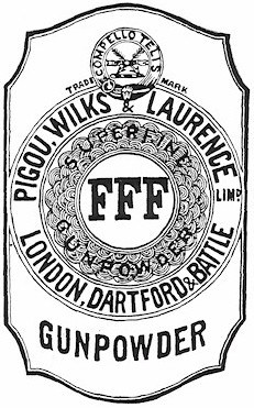 Early manufacturing label showing the modern usage of corning sizes to distinguish the type or grade of powder