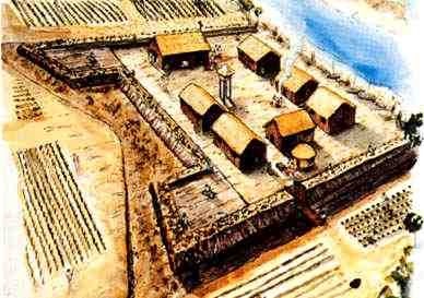Illustration of small rectangular fort with small structures inside it and crop fields around it.
