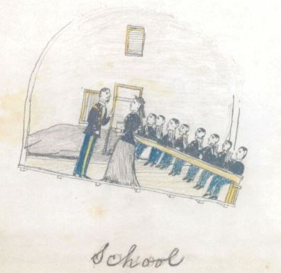 Ledger art drawing of school room with Plains Indians prisoners and teacher.