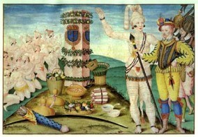 Timucua Indians worship the pillar and coat of arms set up by French settlers at Fort Caroline Timucua Indians worship the pillar and coat of arms set up by French settlers at Fort Caroline