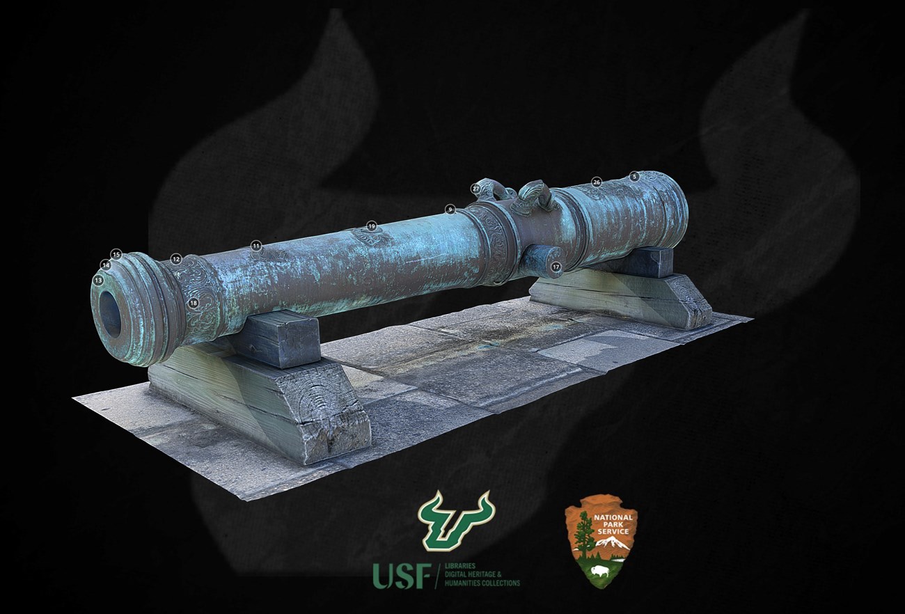 in the foreground a 3d rendered image of a bronze cannon. Background has watermarked USF logo. Bottom centered has USF logo and NPS arrohead logo