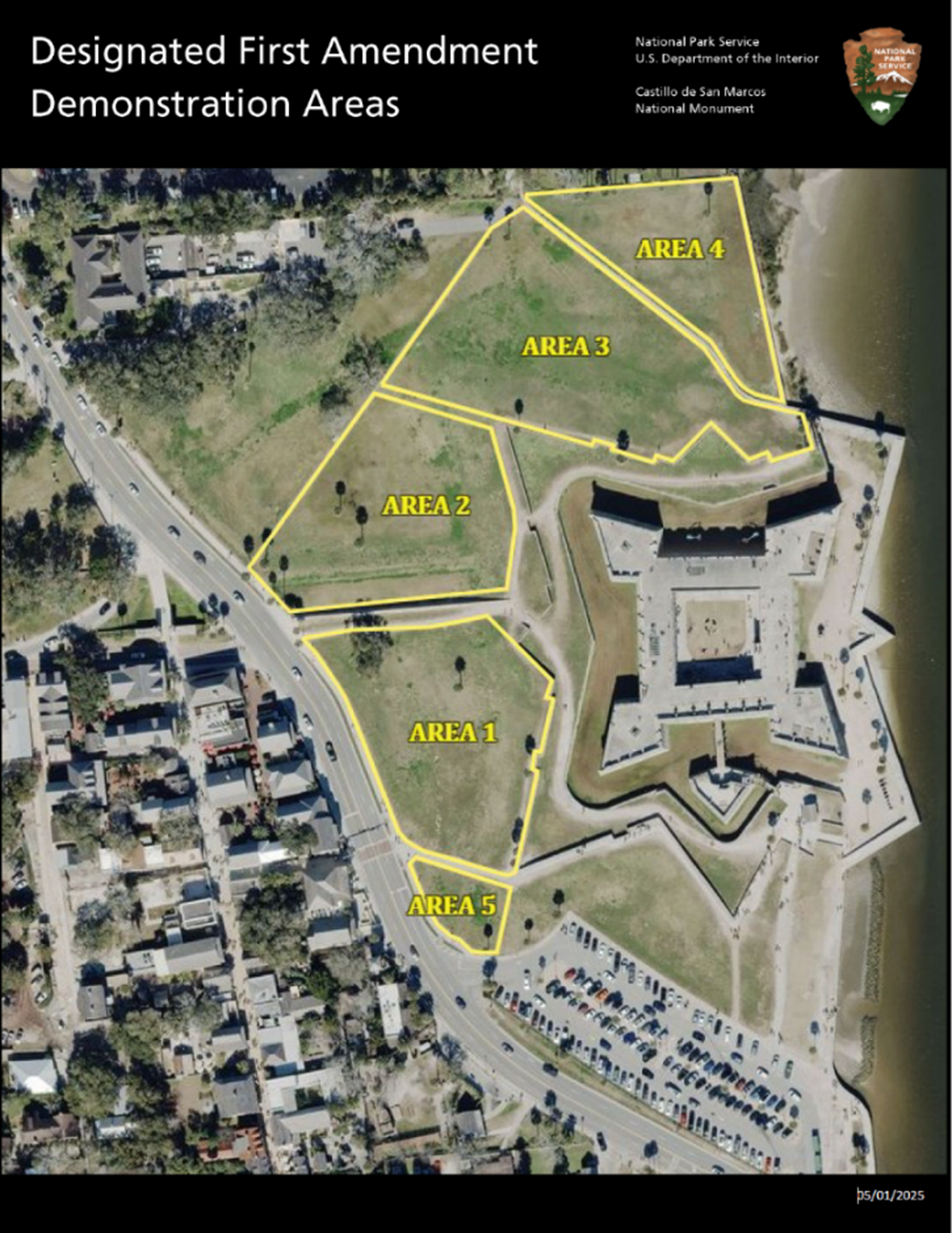 A map of designated first amendment demonstration areas with five areas marked along the grassy areas adjacent to the fort.