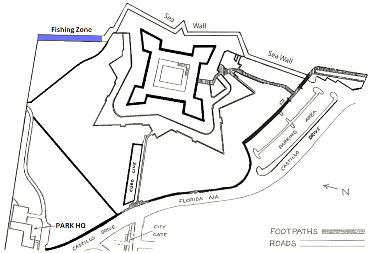 A map of a fort with a fishing zone highlighted in blue along the leftmost seawall