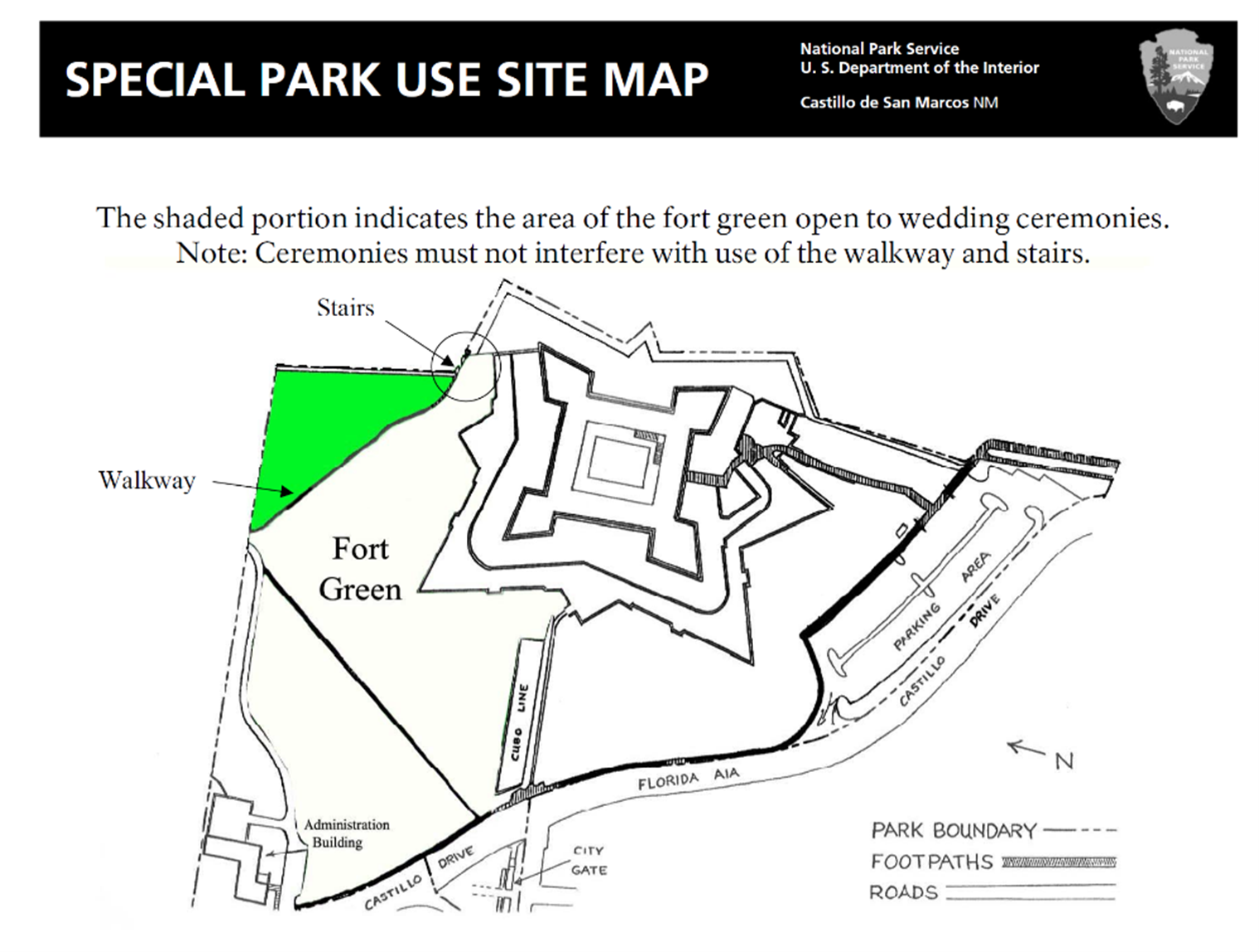 A "Special Park Use Site Map" showing the area of the fort green that is open to wedding ceremonies