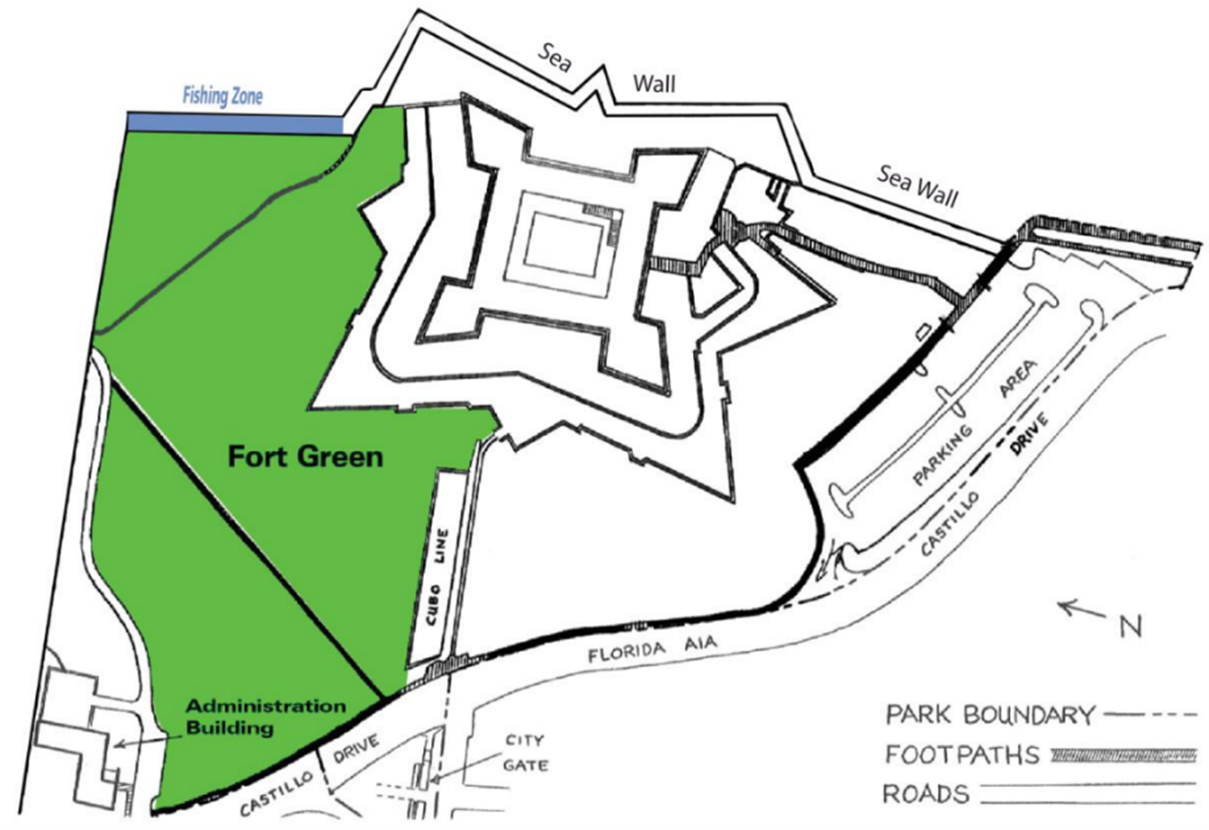 A map of the fort and surrounding park area with an area on the left highlighted in green