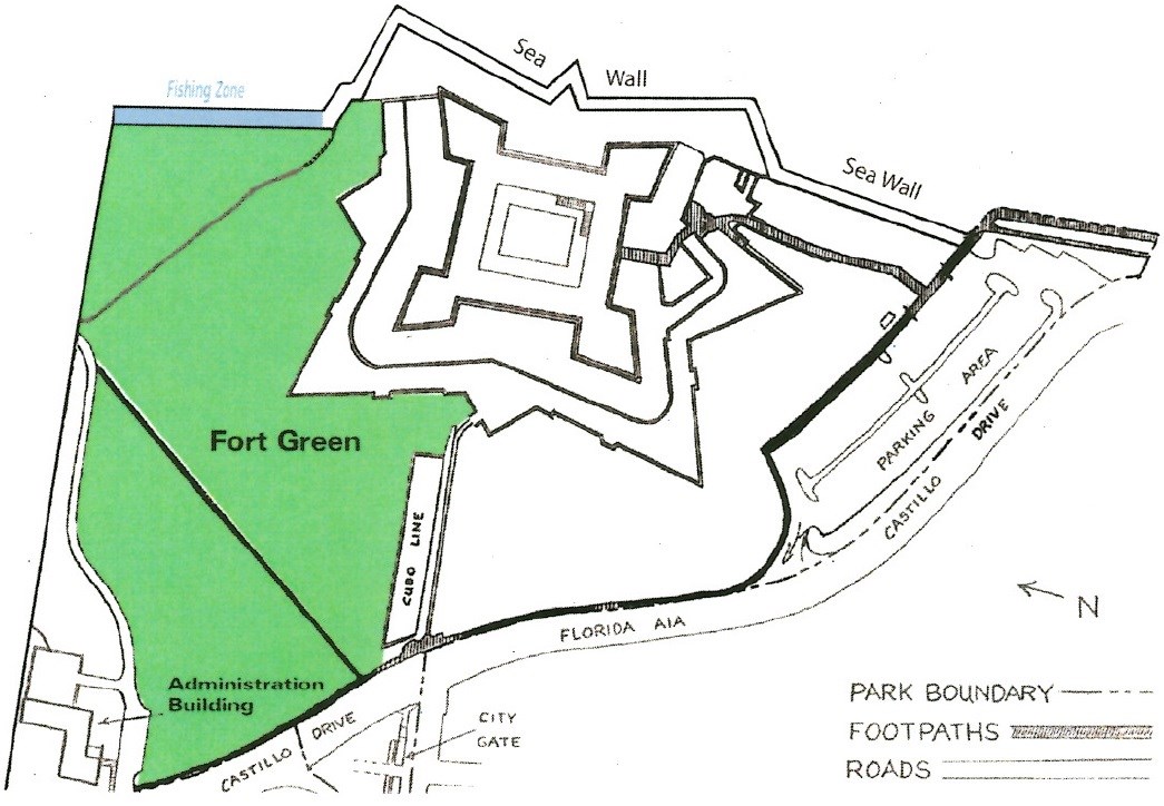 top down park map top left showing section along northeast wall designated fishing zone, a large green area labled Fort Green extends from that fishing zone west, along the edge of the covered way wall along the cubo line to the western sidewalk
