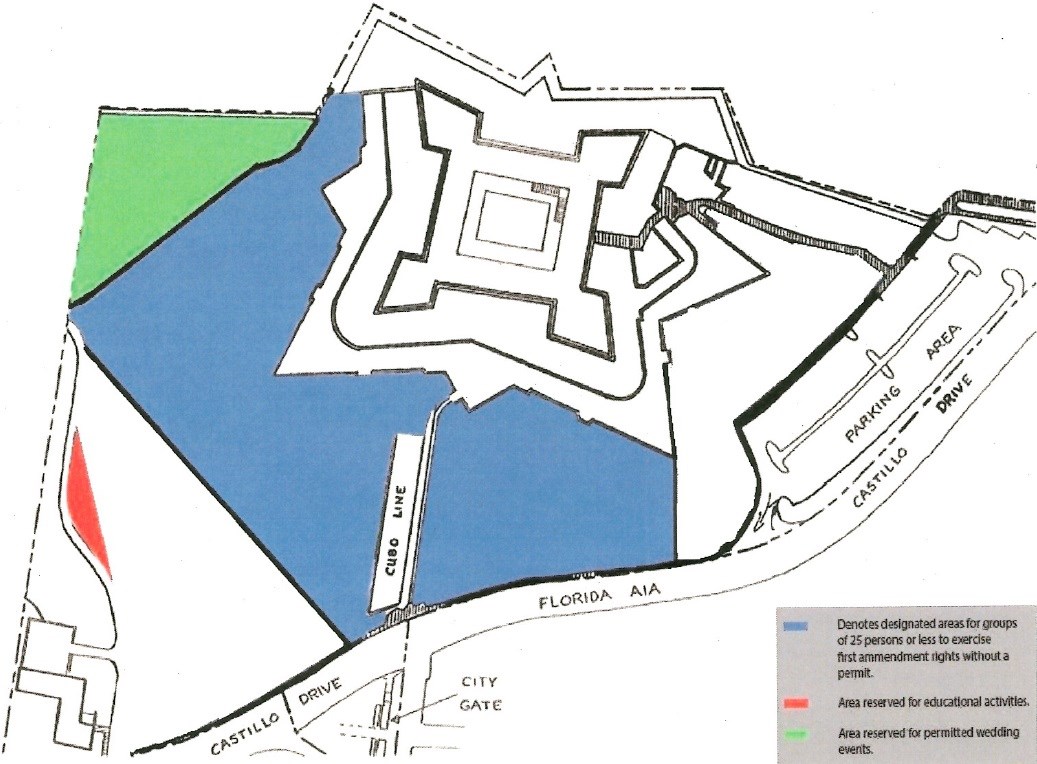 top down map of site northeastern portion of green denoted as wedding event area large area comprised of fort green west and north of fort bordered by sidewalks for groups of 25 people or less to exercise first amendment rights without a permit and...