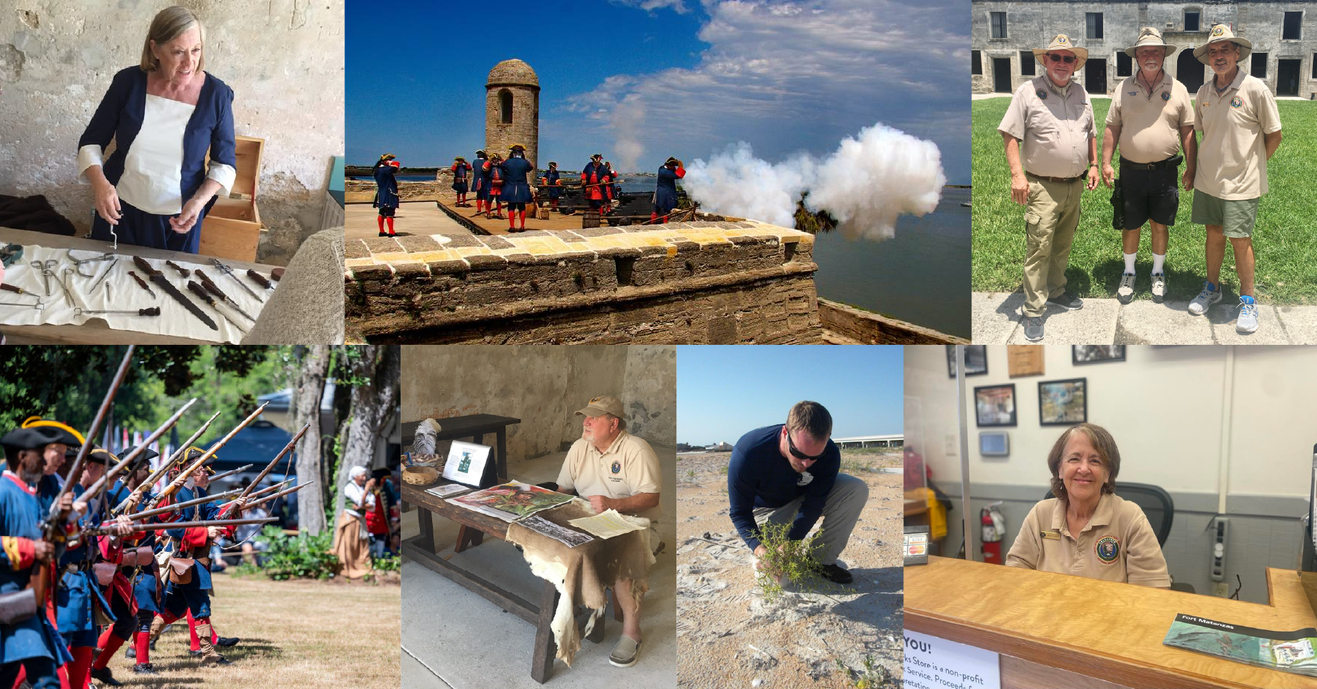 A collage featuring volunteers in living history clothing and khaki uniforms fulfilling a variety of roles, ranging from welcoming visitors at a desk to firing cannons.