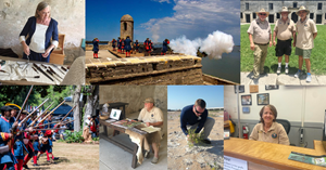 A collage featuring voluntters in living history clothing and khaki uniforms fulfilling a variety of roles, ranging from welcoming visitors at a desk to firing cannons.