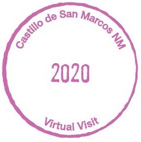 A purple passport cancellation stamp reading "Castillo de San Marcos NM 2020 Virtual Tour"