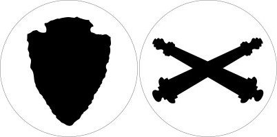 A circle containing the black silhouette of an arrowhead and a circle containing the black silhouette of two crossed cannons.