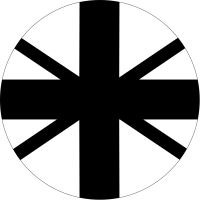 A circle containing the black silhouette of the crosses on Great Britain's flag.