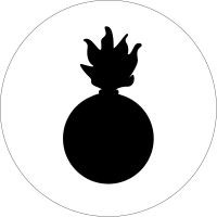 A circle containing a black silhouette of a flaming grenade