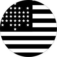 A round black & white icon depicting an historic USA flag