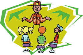 Graphic of a park ranger giving a program to three children. Graphic of a park ranger giving a program to three children.