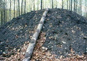 The stacked wood is covered with dirt and leaves prior to burning.