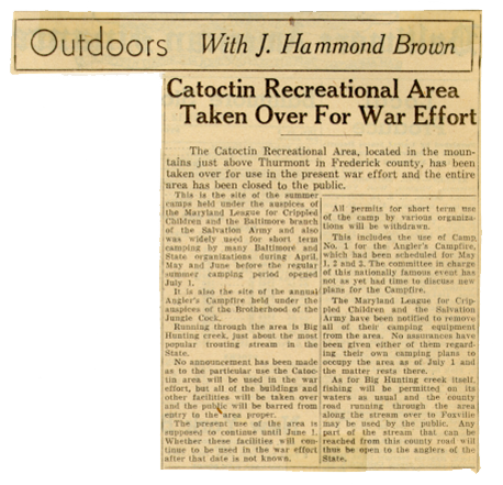 Newspaper article "Catoctin Recreational Area taken Over For The War Effort"