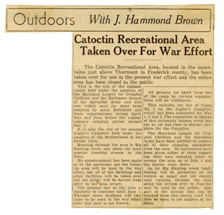 Newspaper article "Catoctin Recreational Area taken Over For The War Effort"