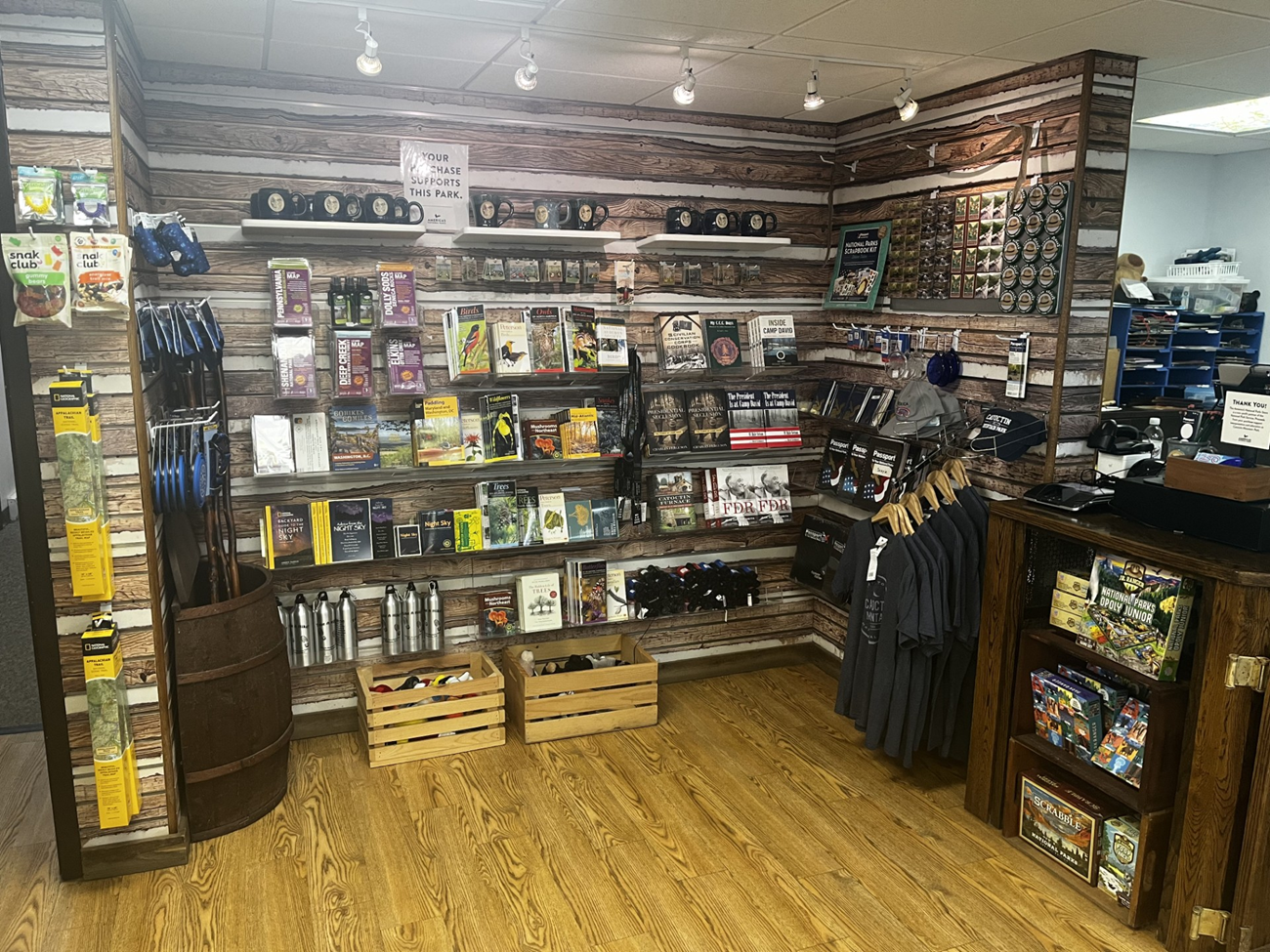 View of park book store items and shelves in visitor center