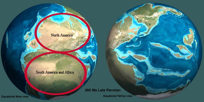 Image of globe showing collision of South America and Africa with North America. Image of globe showing collision of South America and Africa with North America.