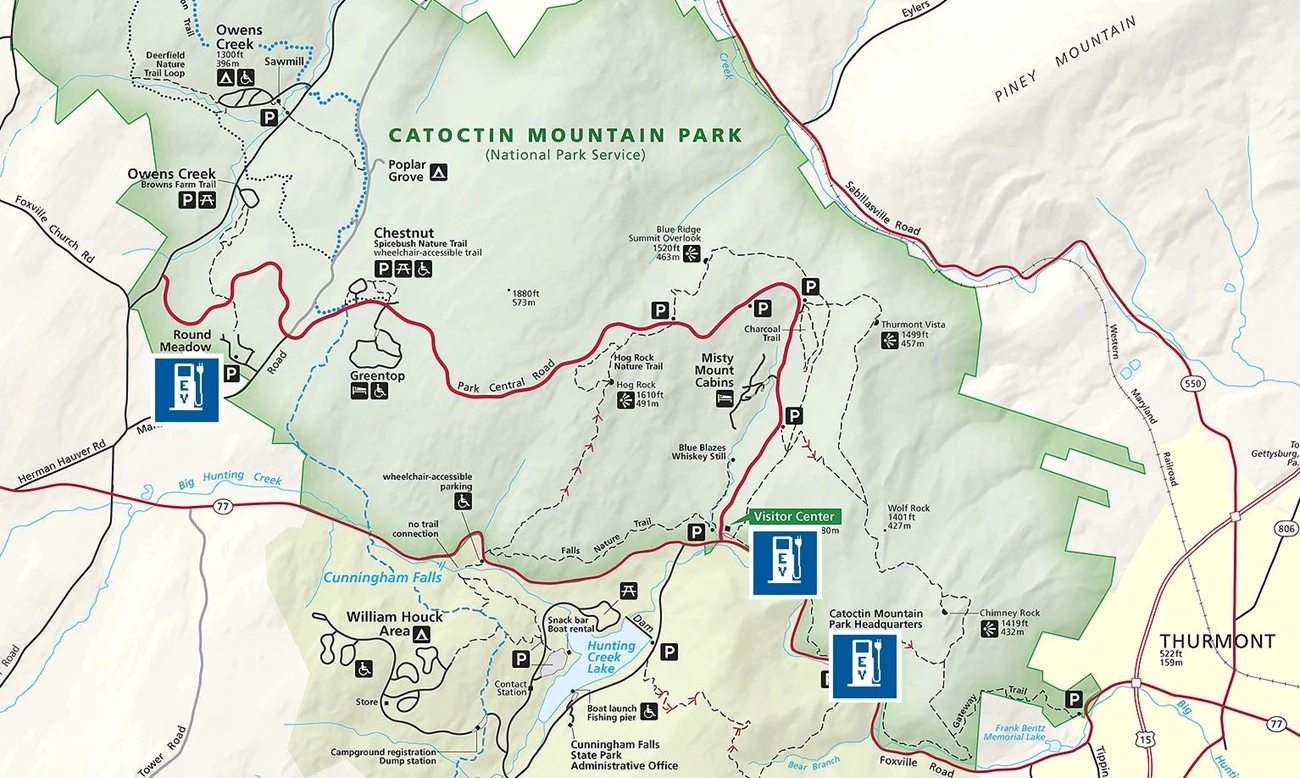 Electric Vehicle Charging Station Map A map of electric vehicle charging stations. They can be found at Camp Round Meadow, the Park Visitor Center, and Park Headquarters.