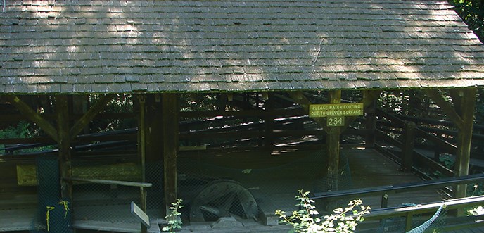 Reconstructed sawmill at Owen’s Creek Campground. The gears are visible within the sawmill. There is also a visitor ramp where visitors can read about the sawmills during the 1800s and 1900s
