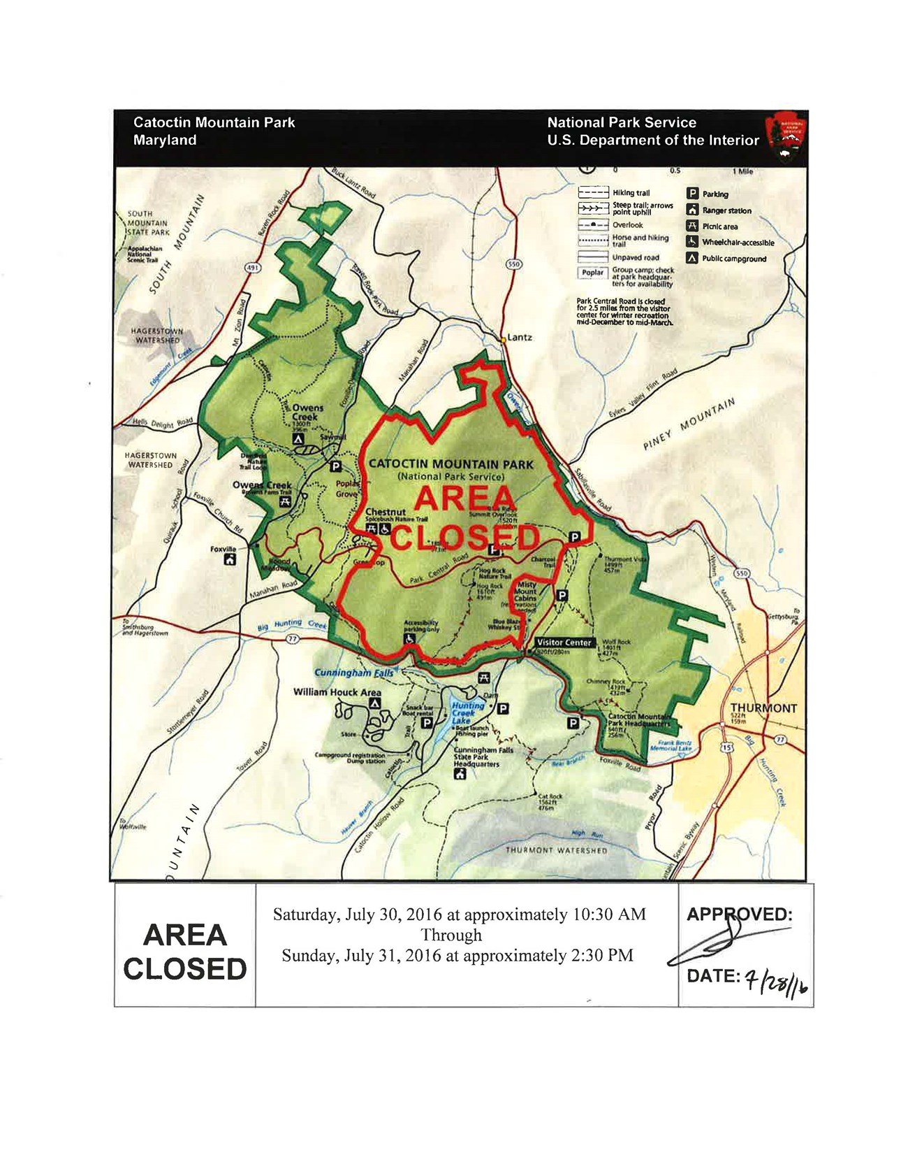 Map of Catoctin Mountain Park showing closed areas
