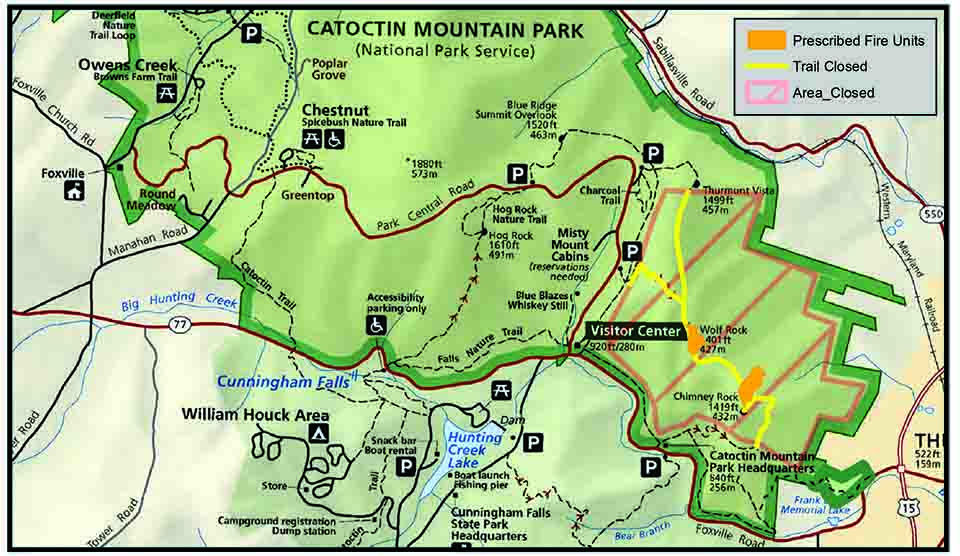 A map of Catoctin Mountain Park that shows the prescribed fire closure area. A map of Catoctin Mountain Park that shows the prescribed fire closure area.