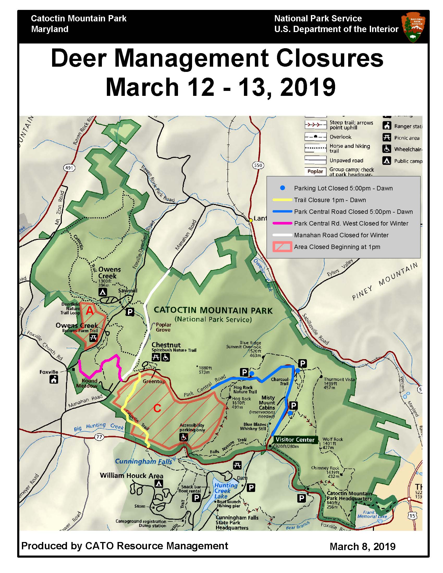 Deer Management Closure Map March 12-13 2019 Image of park map with closure areas