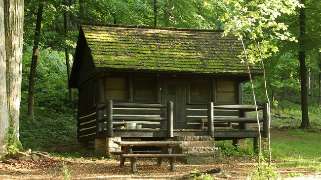 A small log cabin in the woods.