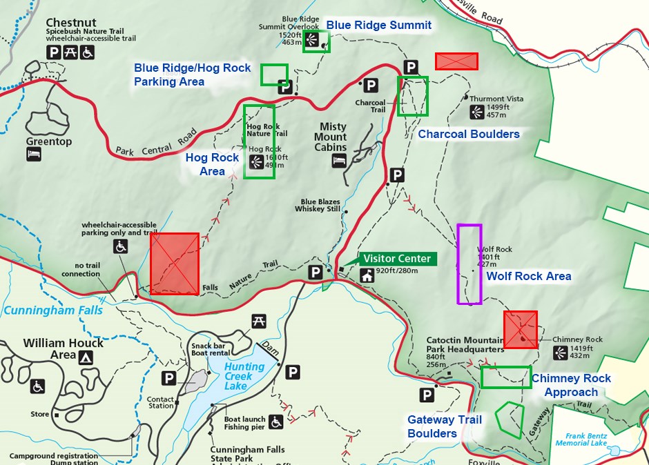 A map of the east side of catoctin mountain park showing trails with colored boxes representing bouldering and climbing areas.