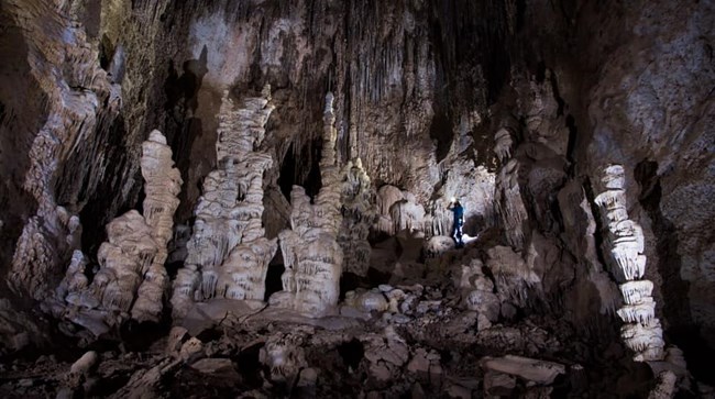 stalagmite covered ground in chimney cave