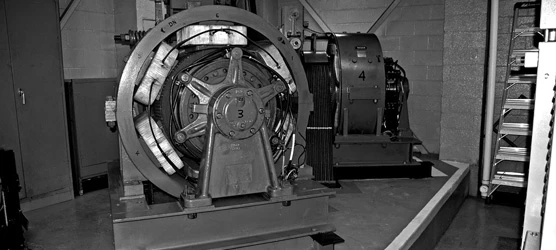 One of two elevator motors waiting to be overhauled.