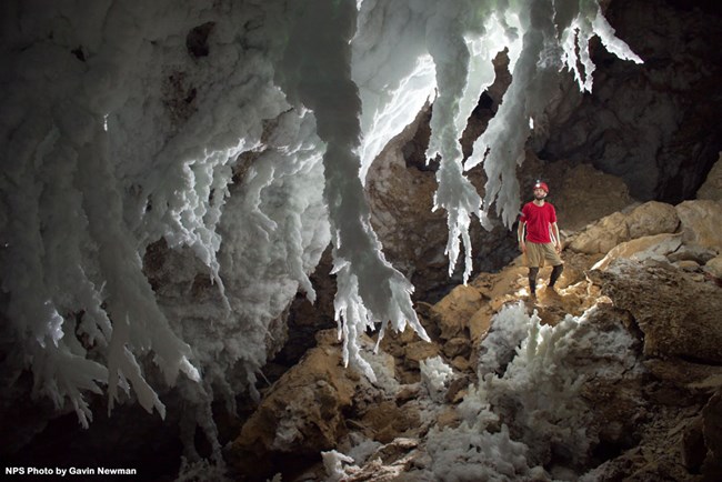 Caver examines gypsum chandeliers