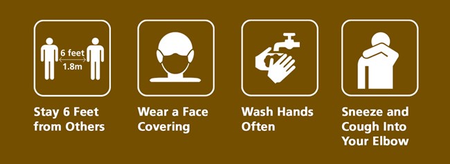 Icons showing to social distance, wear facing cover, wash hands often, and sneeze and cough into your elbow.
