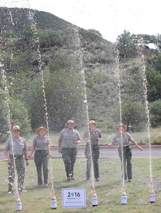 Rangers erupting Diet Coke and Mentos volcanoes. Rangers erupting Diet Coke and Mentos volcanoes.