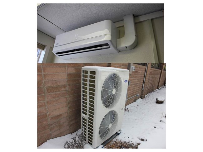 Image collage of 2 images of HVAC equipment.  The top image is a wall mount heating and cooling unit while the lower image is an outdoor pump and fan component used to control HVAC throughout.