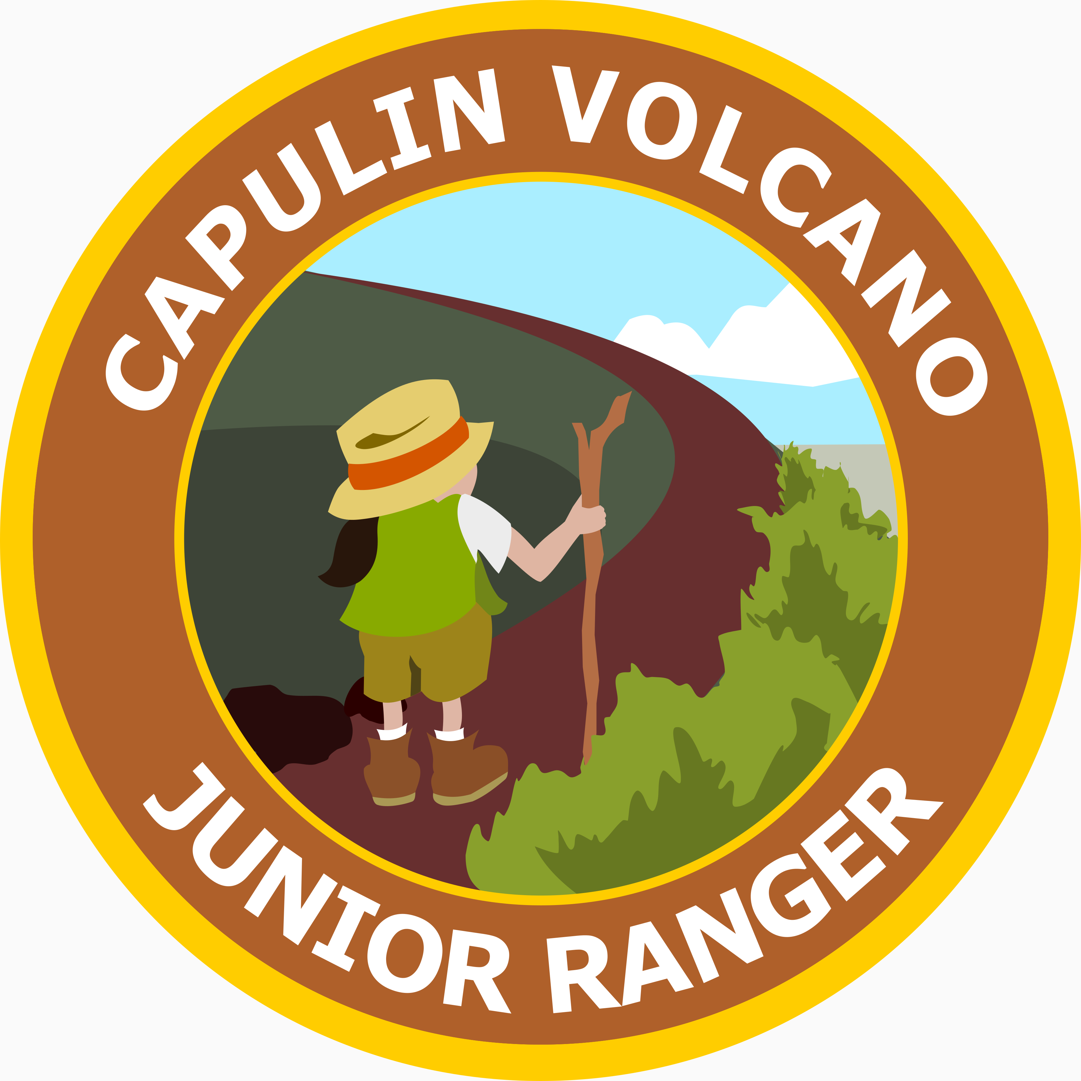Jr Ranger hiking patch of child hiking the volcano rim trail