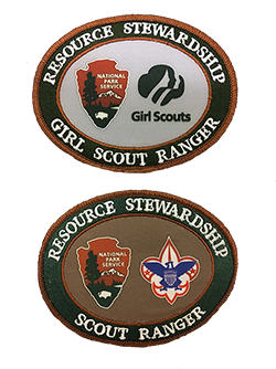 Two oval patches aligned vertically.  Top reads "Resource Stewardship Girl Scout Ranger", bottom reads "Resource Stewardship Scout Ranger".  Both have NPS and Scout logos in center.