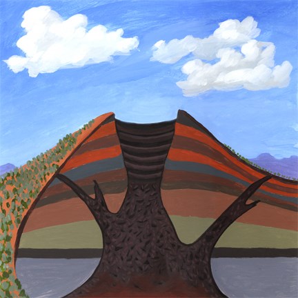 Artistic drawing of a volcano from a side cut view profile.  Layers are depicted using various colors.  The volcano opening is shown extending down in the earth and branching outward toward the flanks of the volcano.  A blue cloudy sky fills the horizon.