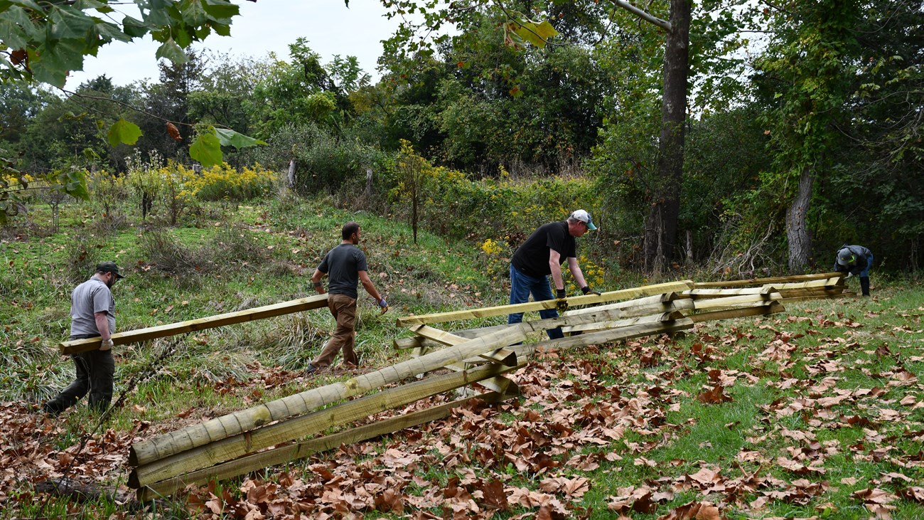 Four people construct a wooden fence on a grassy hillside surrounded by autumn leaves and trees, conveying teamwork and outdoor activity.
