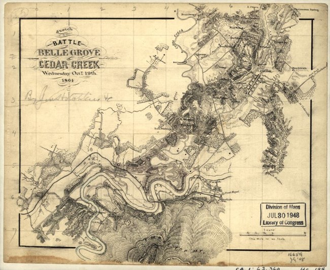 A hand drawn map shows the terrain and movements of a battle in the Shenandoah Valley