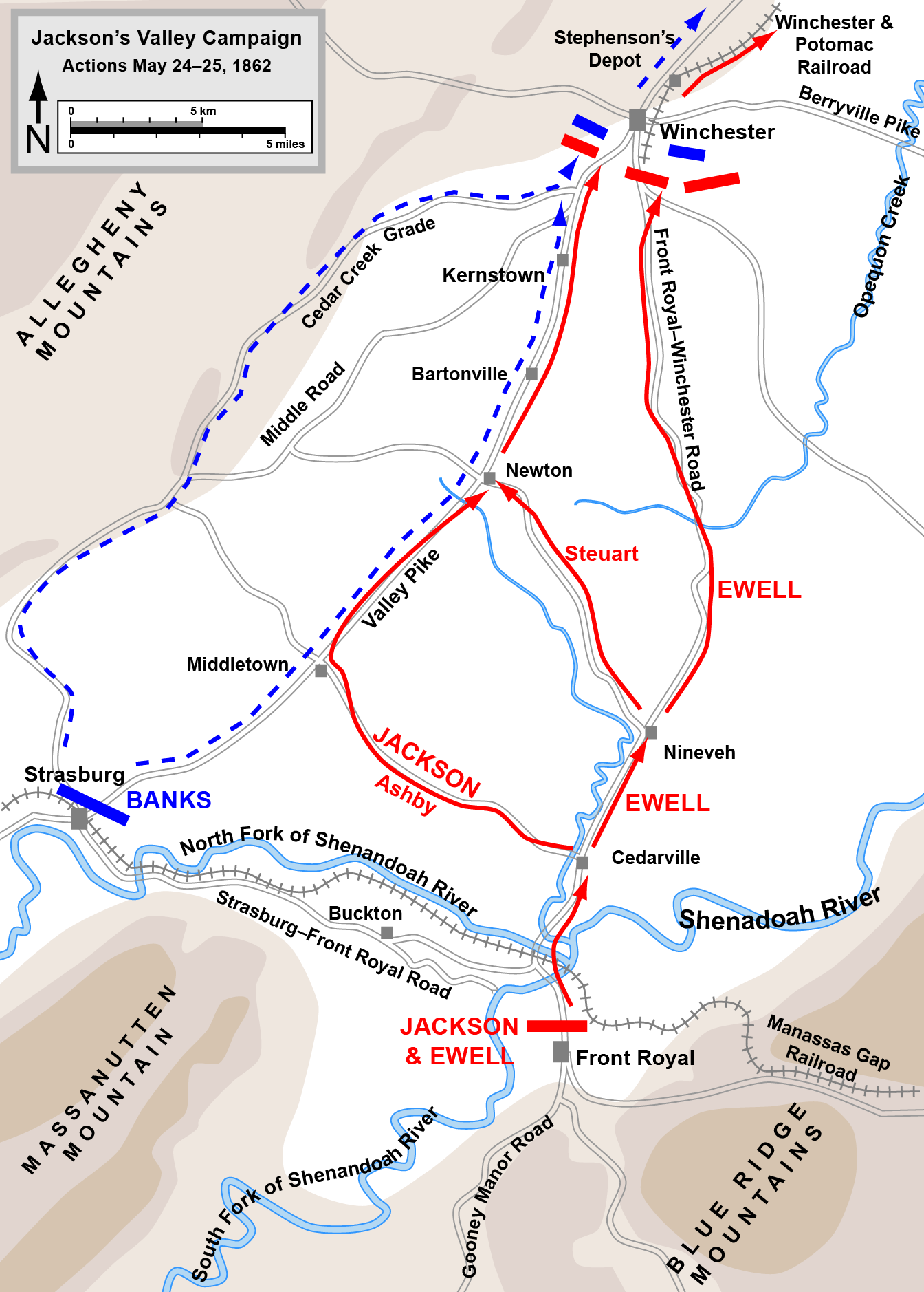 Front Royal to Winchester, May 1862 A map shows army movements through Virginia during the Civil War.