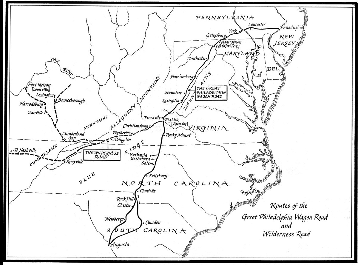 Map of the Great Wagon Road starting in Philadelphia, PA heading southwest.