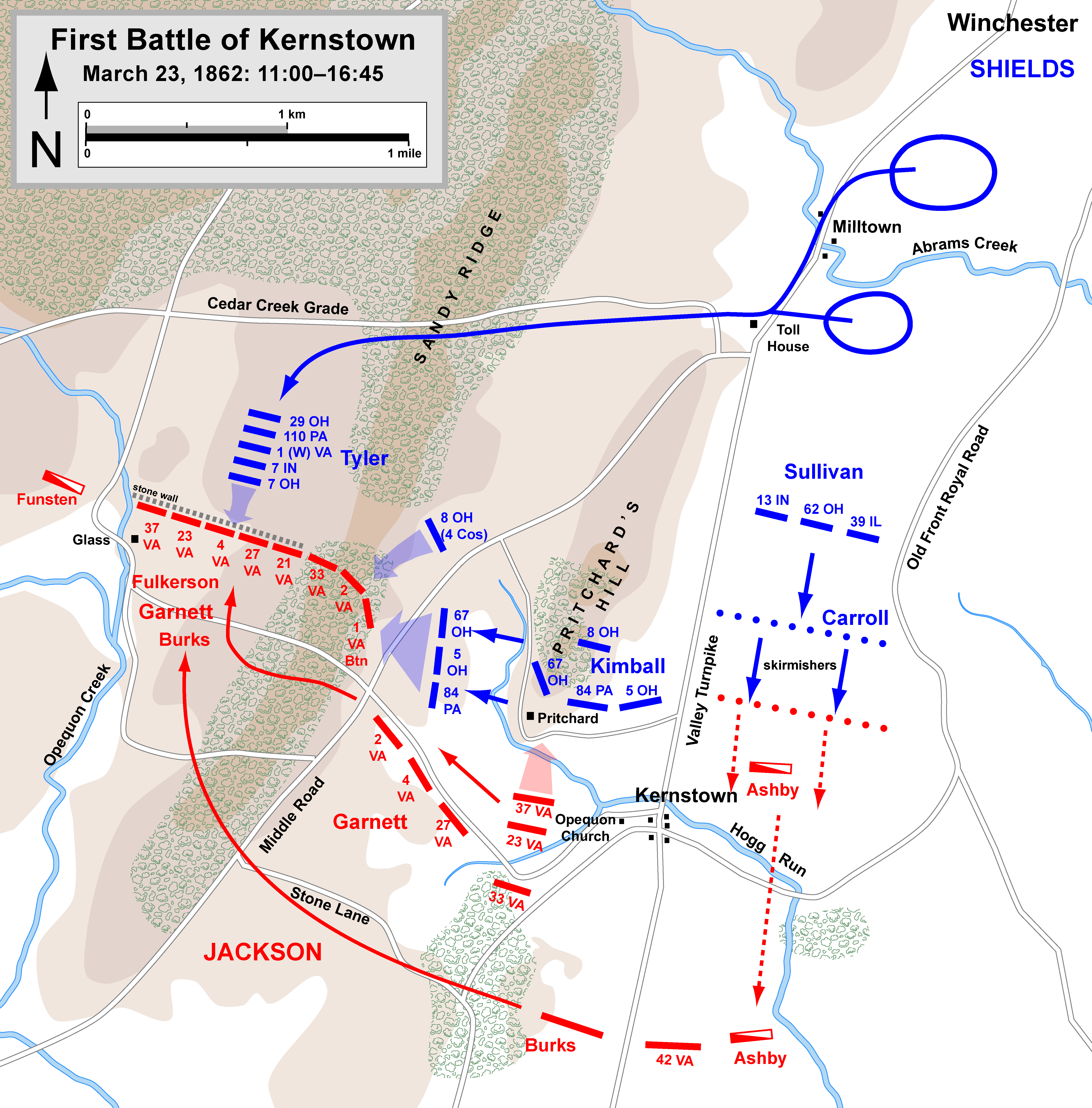 A map depicts troop movements during a Civil War battle.