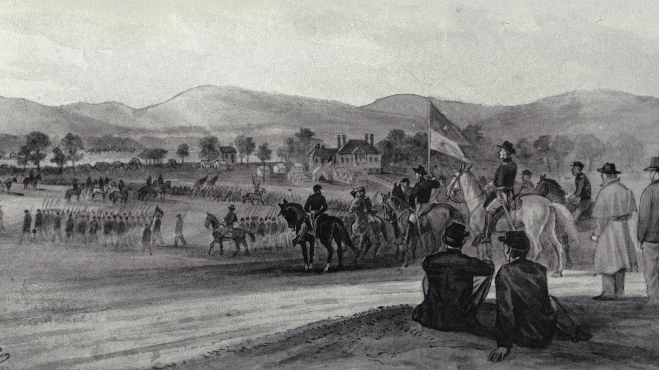 In an 1860s sketch, officers and civilians watch soliders parade in a mountain valley.
