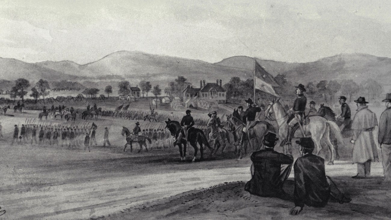 19th Corps Parading In an 1860s sketch, officers and civilians watch soliders parade in a mountain valley.